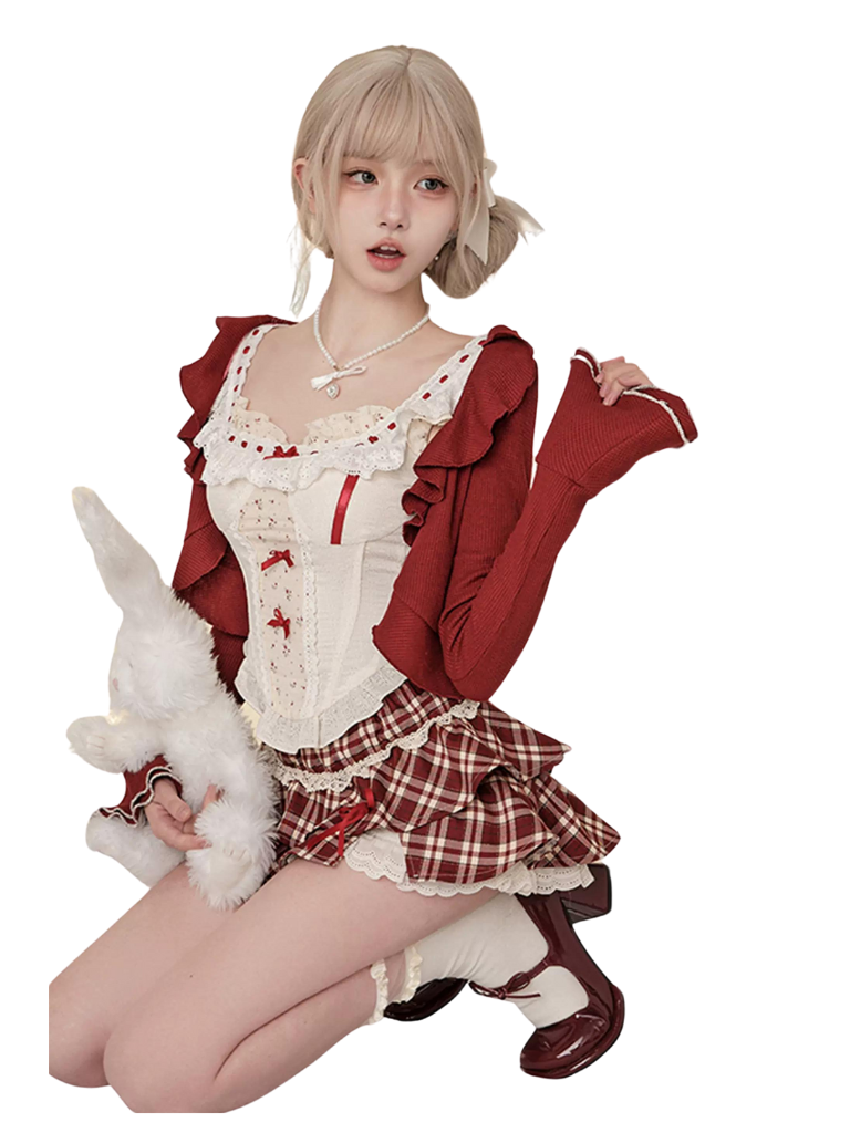 Wine Red Cardigan & Camisole & High Waist Red Check Skirt SER0031