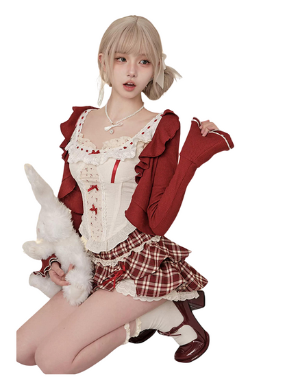 Wine Red Cardigan & Camisole & High Waist Red Check Skirt SER0031