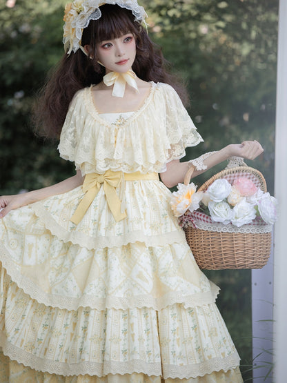 Embroidered Print Tiered Yellow Long Dress WIT0072