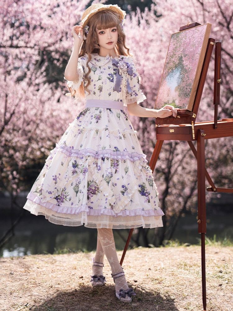 Purple Floral Ribbon Middle Dress WIT0087