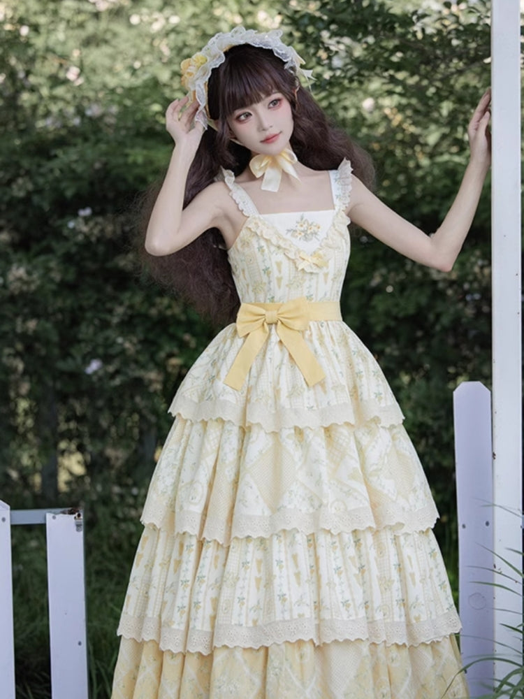 Embroidered Print Tiered Yellow Long Dress WIT0072