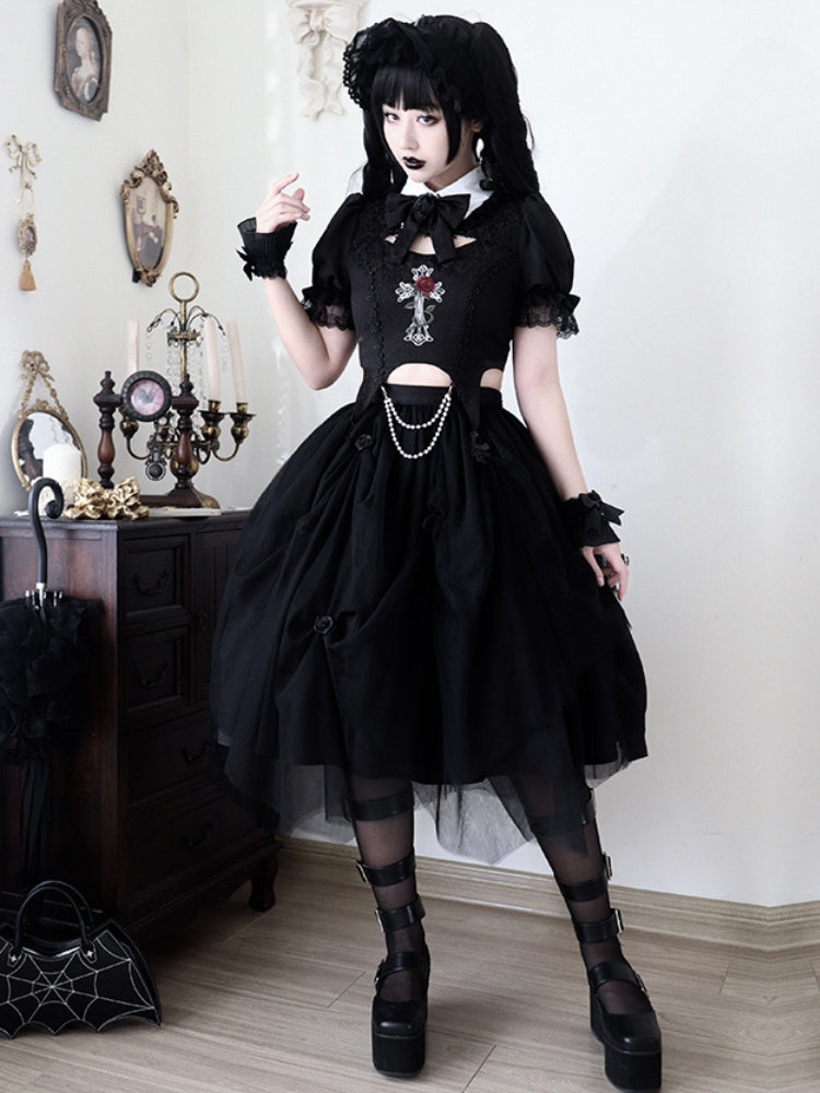 Gothic Rose Embroidery Black Mid-Length Dress WIT0080