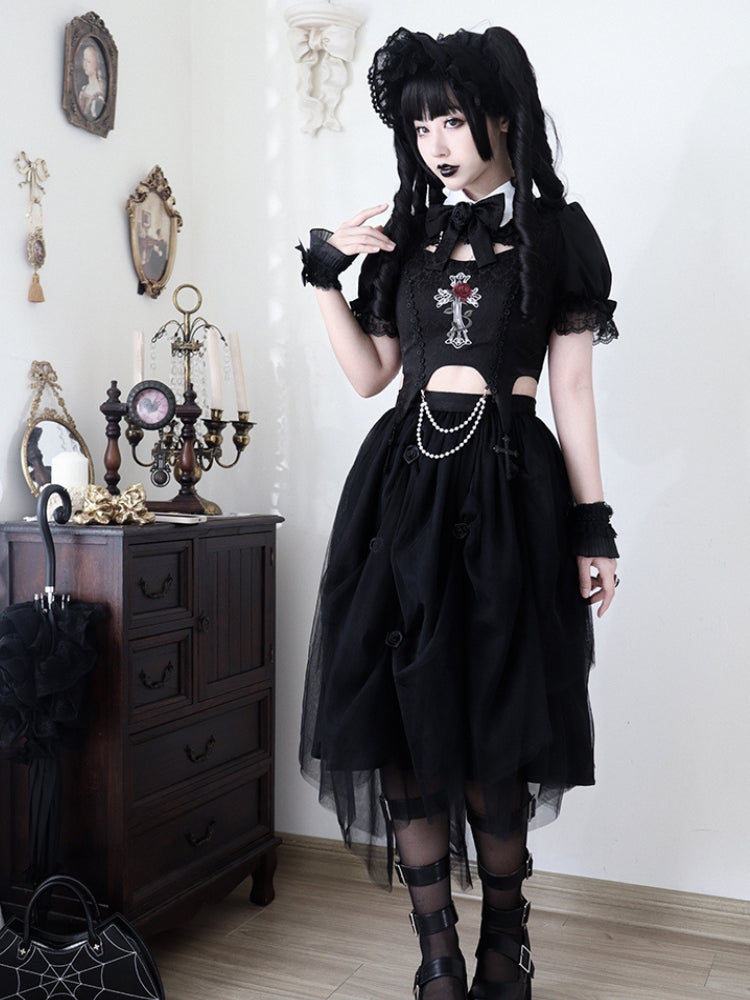 Gothic Rose Embroidery Black Mid-Length Dress WIT0080