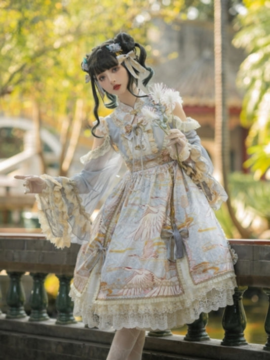 Chinese-Style Printed Lace Frill Lolita Dress CAT0029