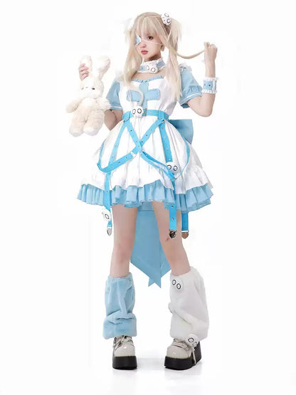 White and Light Blue Back Big Ribbon Costume Dress CAT0025