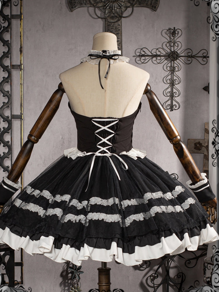 White and Black Bow Tie Frill Dress CAT0054