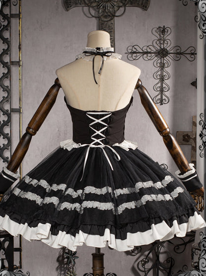 White and Black Bow Tie Frill Dress CAT0054