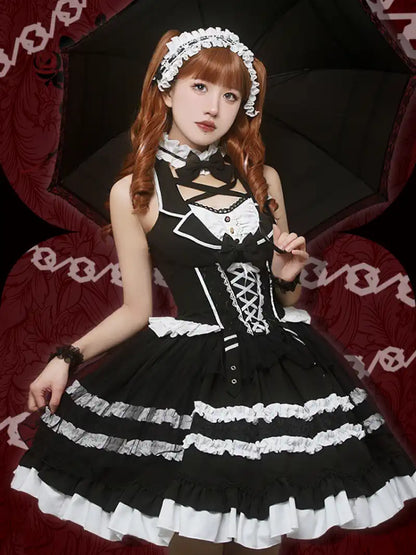 White and Black Bow Tie Frill Dress CAT0054