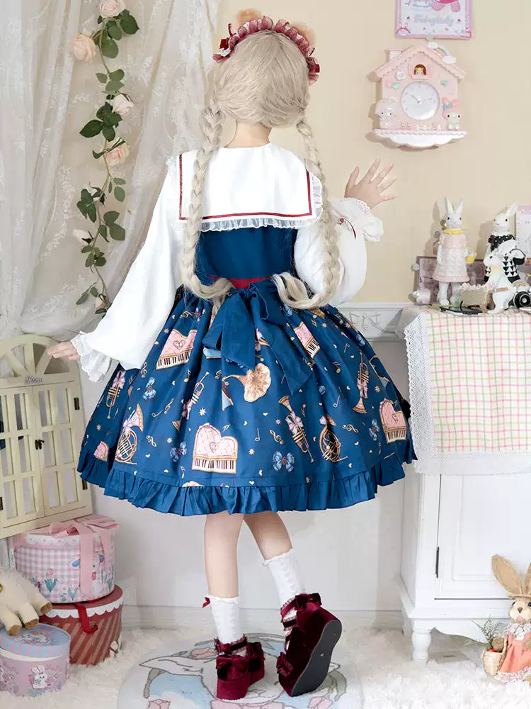 Instrument Print Round Collar Red Ribbon Lolita Dress CAT0059