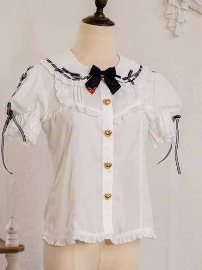 Round Collar Lace Puff Sleeve Short Sleeve Blouse CAT0046