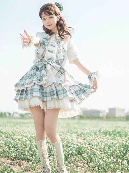 Blue Check Frill Ribbon Idol Dress CAT0022