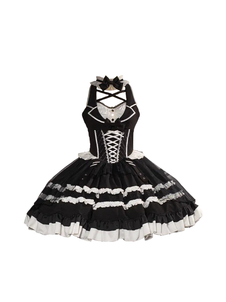 White and Black Bow Tie Frill Dress CAT0054