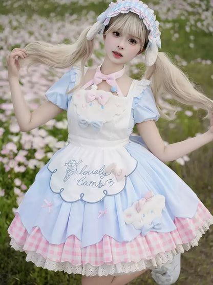 Light Blue and Pink Embroidered Apron Soft Girly Lolita Dress CAT0033