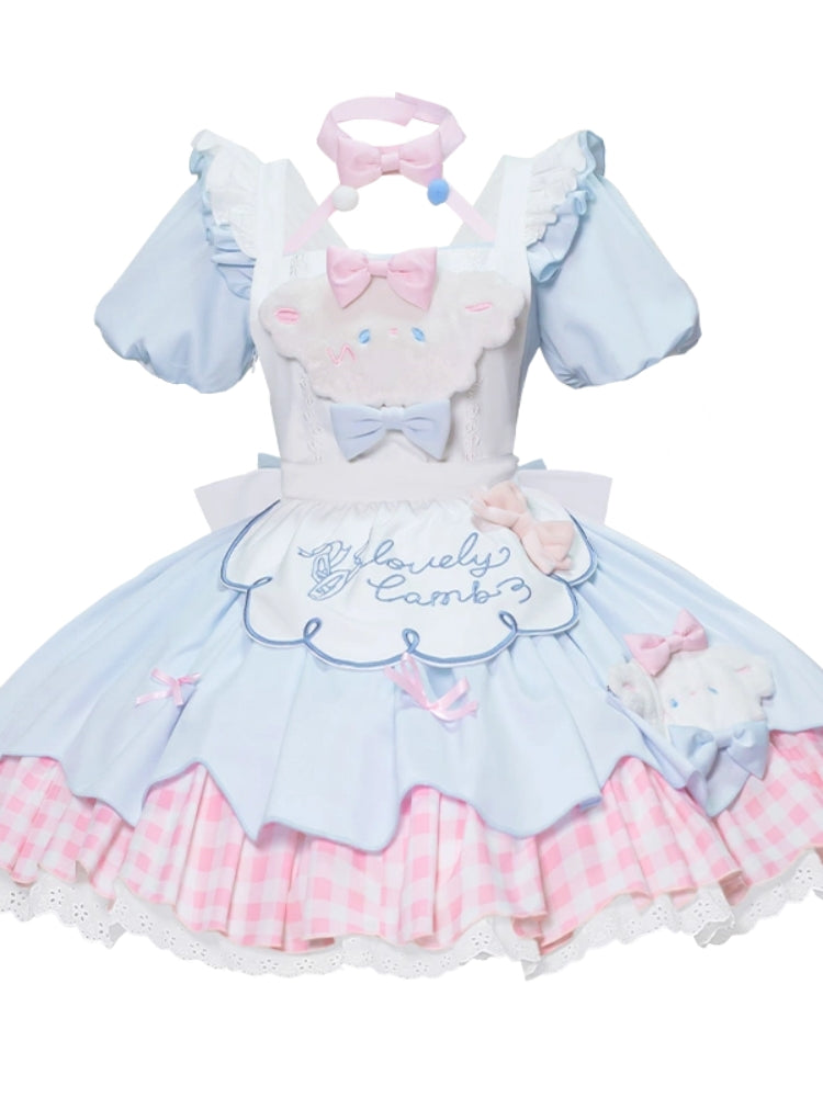 Light Blue and Pink Embroidered Apron Soft Girly Lolita Dress CAT0033