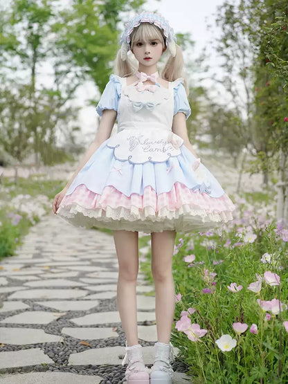 Light Blue and Pink Embroidered Apron Soft Girly Lolita Dress CAT0033