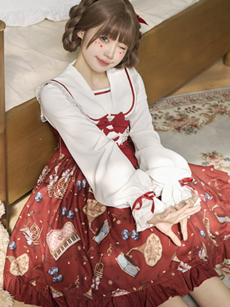 Instrument Print Round Collar Red Ribbon Lolita Dress CAT0059