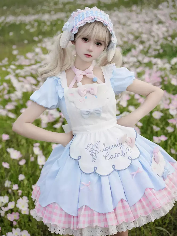 Light Blue and Pink Embroidered Apron Soft Girly Lolita Dress CAT0033