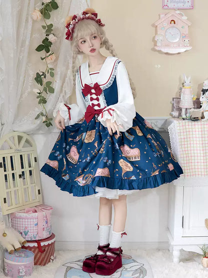 Instrument Print Round Collar Red Ribbon Lolita Dress CAT0059