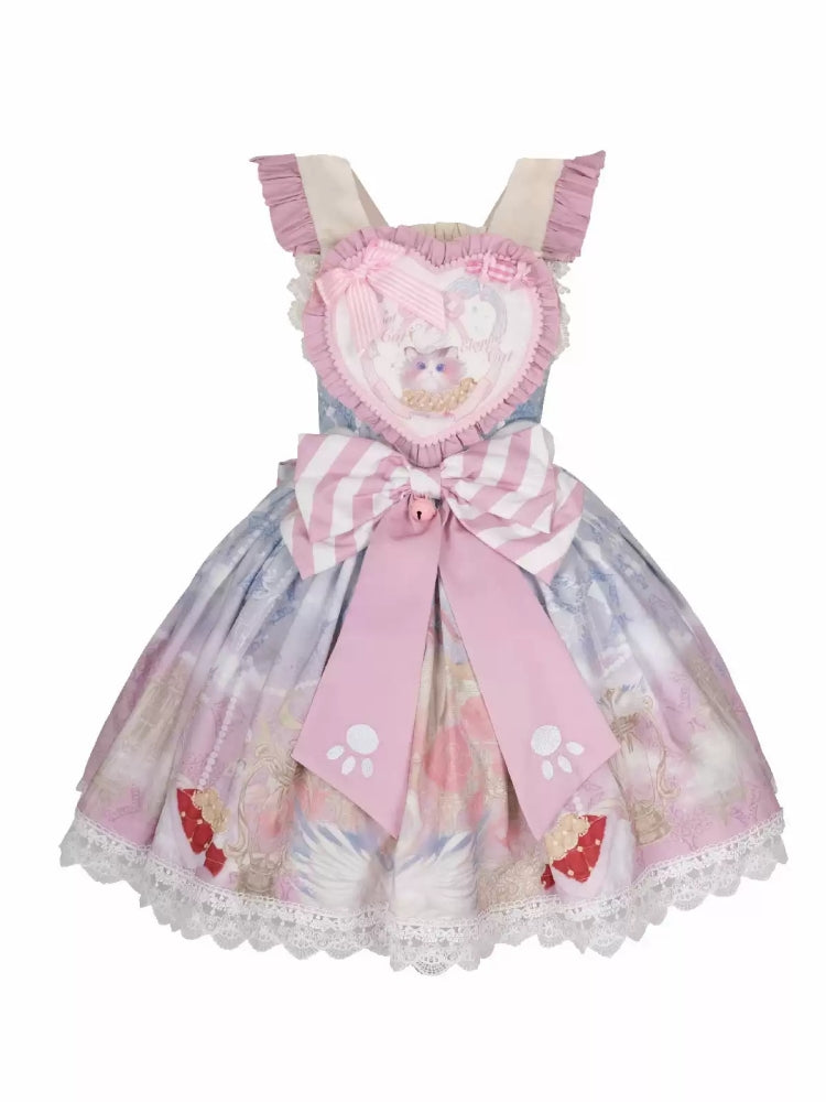 Cat Print Big Heart Pink Frill Lolita Dress CAT0041