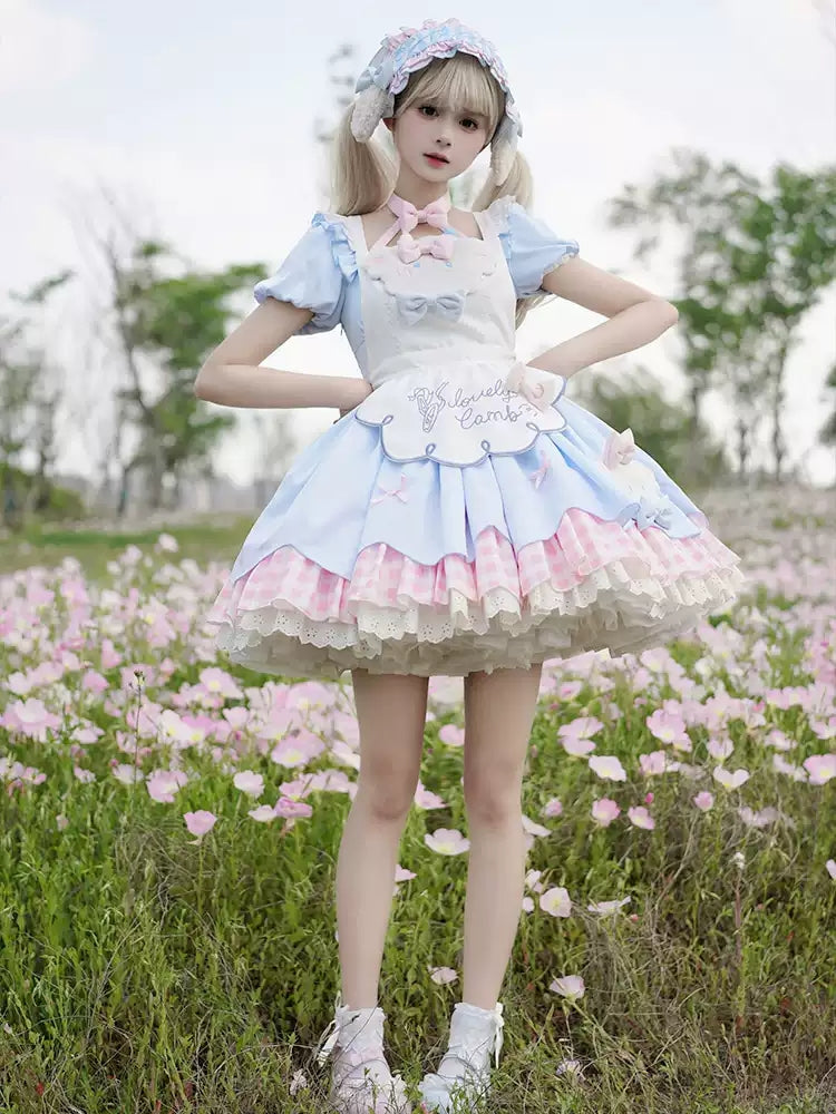 Light Blue and Pink Embroidered Apron Soft Girly Lolita Dress CAT0033