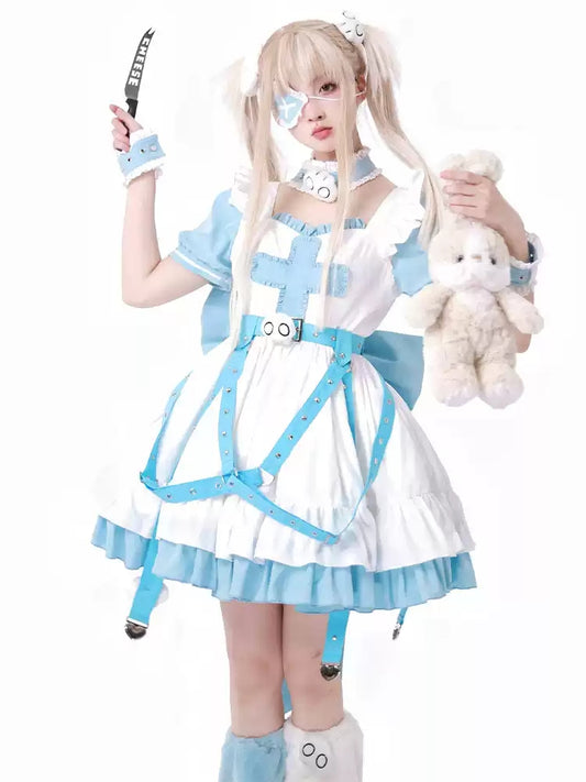 White and Light Blue Back Big Ribbon Costume Dress CAT0025