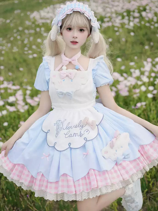 Light Blue and Pink Embroidered Apron Soft Girly Lolita Dress CAT0033