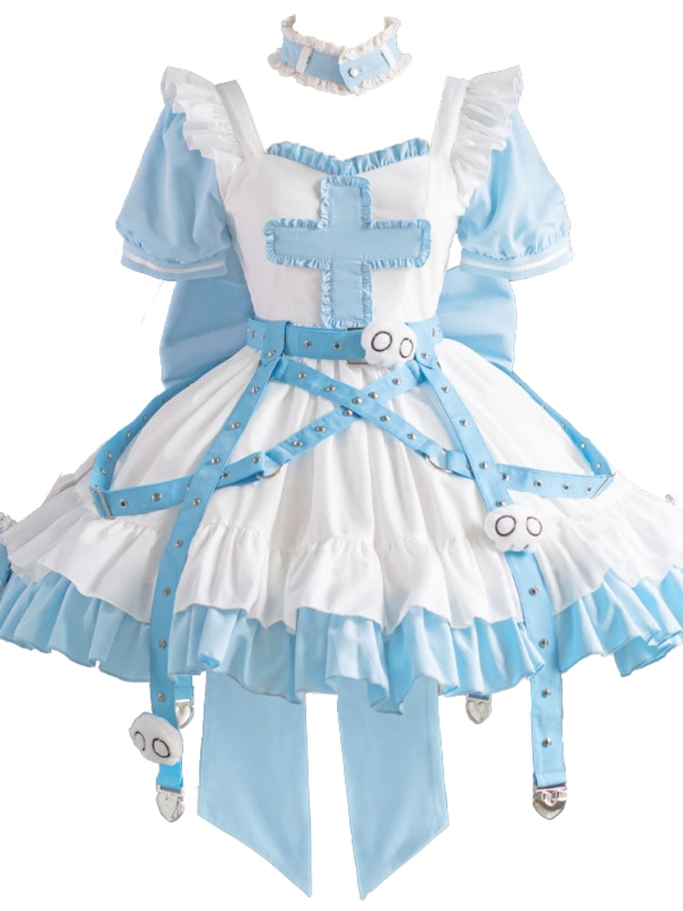 White and Light Blue Back Big Ribbon Costume Dress CAT0025