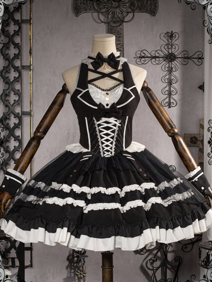 White and Black Bow Tie Frill Dress CAT0054