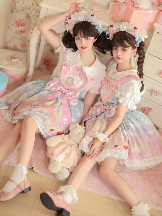 Cat Print Big Heart Pink Frill Lolita Dress CAT0041