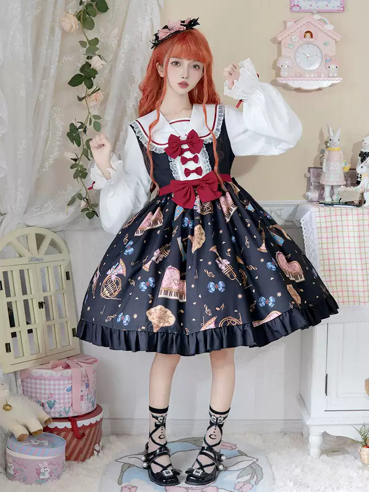 Instrument Print Round Collar Red Ribbon Lolita Dress CAT0059