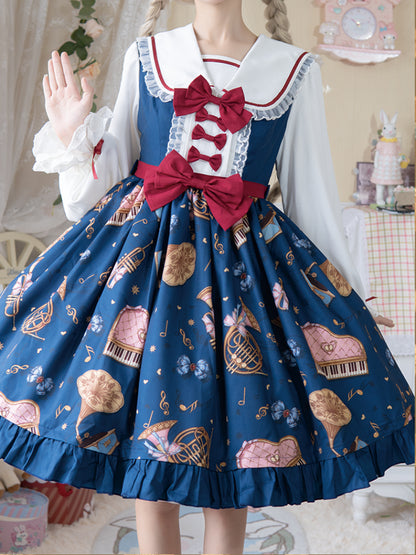 Instrument Print Round Collar Red Ribbon Lolita Dress CAT0059