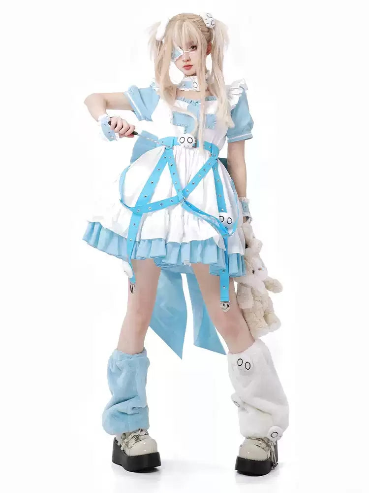 White and Light Blue Back Big Ribbon Costume Dress CAT0025