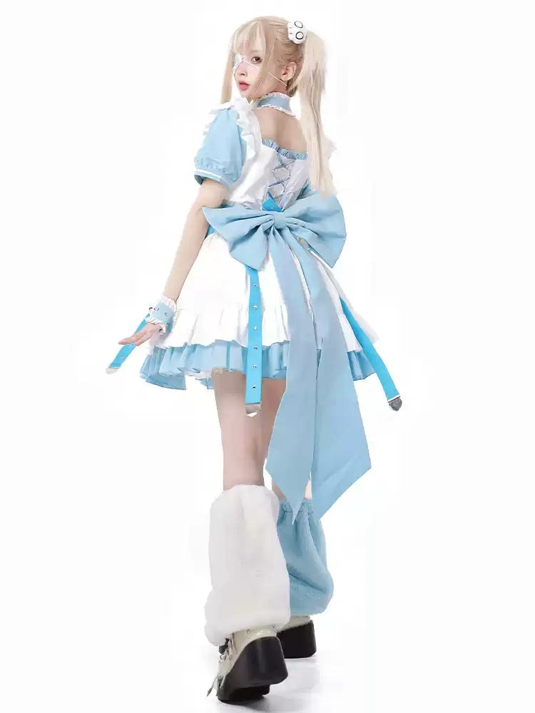 White and Light Blue Back Big Ribbon Costume Dress CAT0025