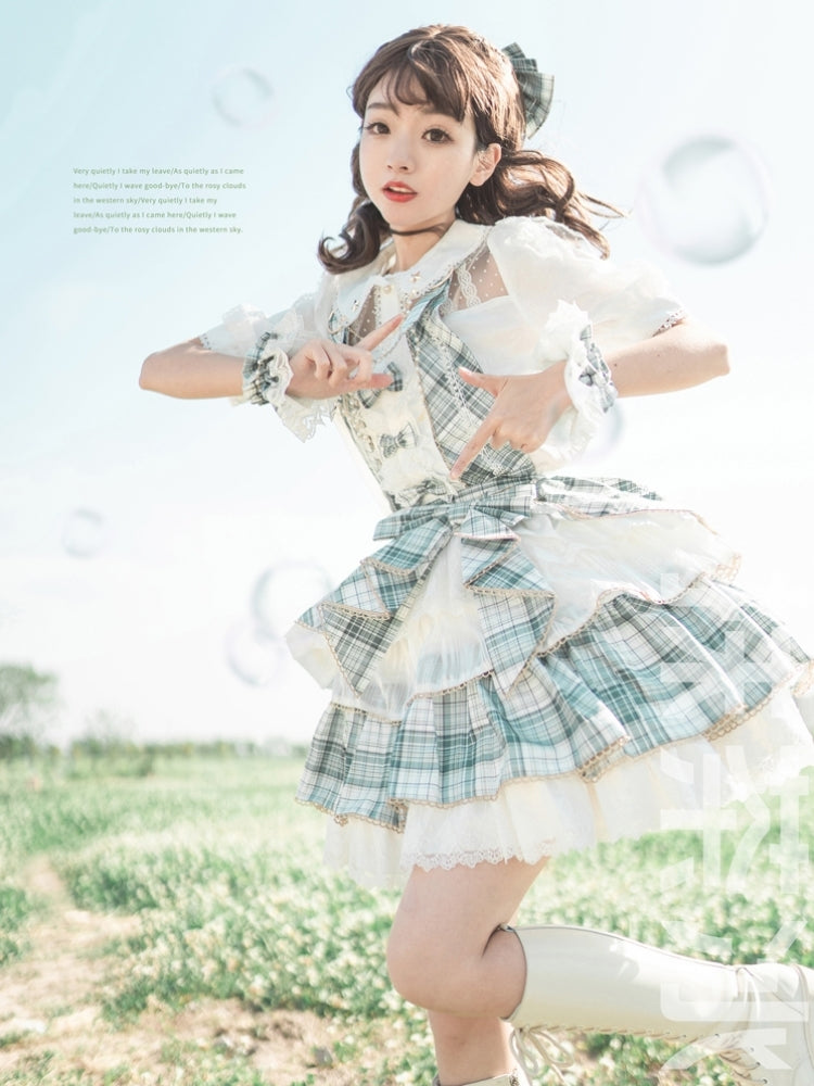 Blue Check Frill Ribbon Idol Dress CAT0022