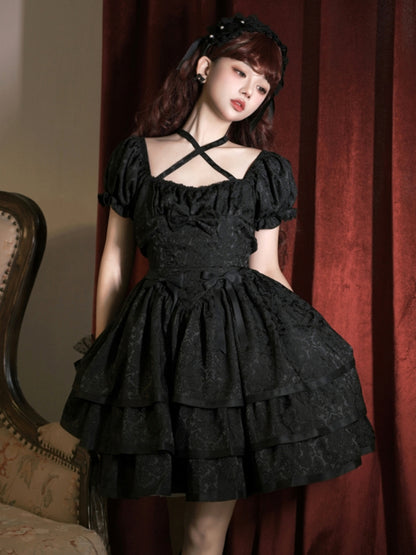 Cross Strap Puff Sleeve Tiered Mini Dress EIY0001