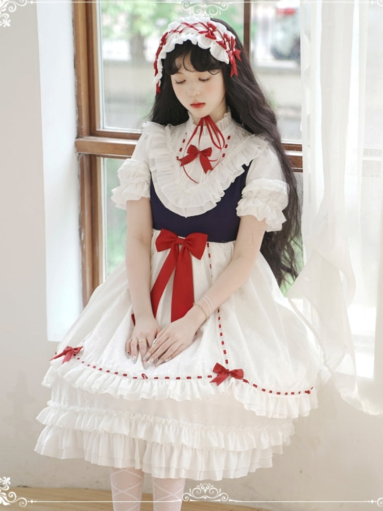 White Frill Dress with Red Ribbon and Optional Sleeves EIY0016