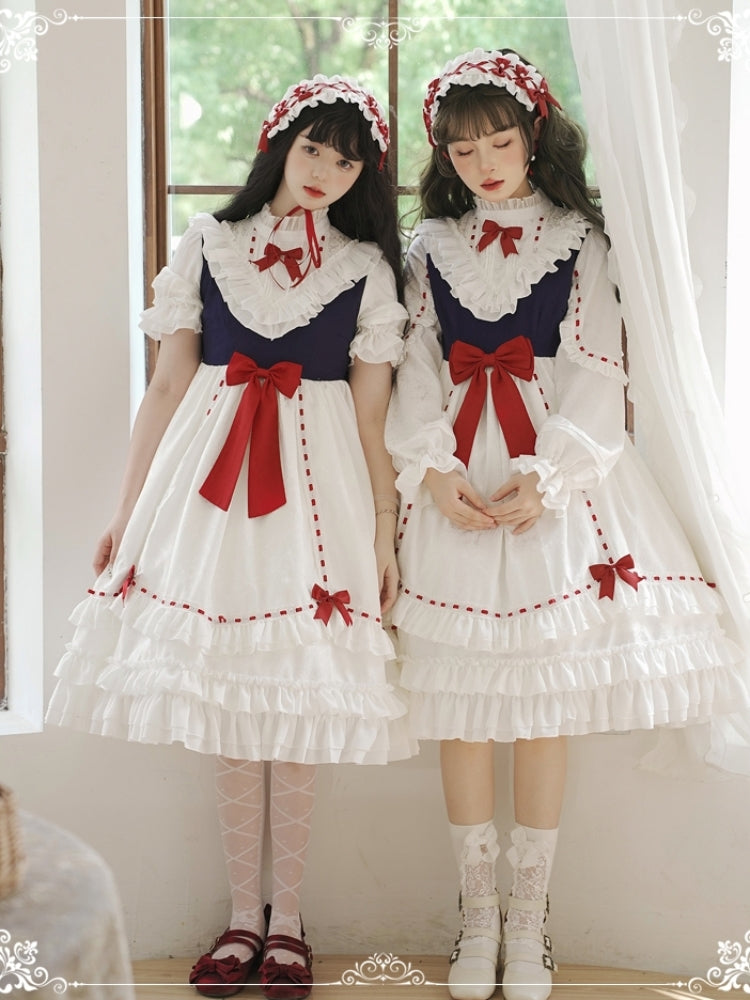 White Frill Dress with Red Ribbon and Optional Sleeves EIY0016