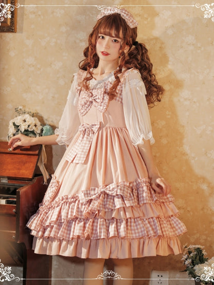 Pink Gingham Check Ribbon Frill Princess Dress EIY0030