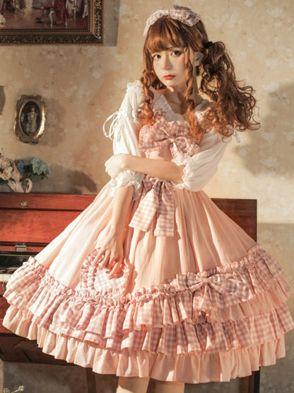 Pink Gingham Check Ribbon Frill Princess Dress EIY0030