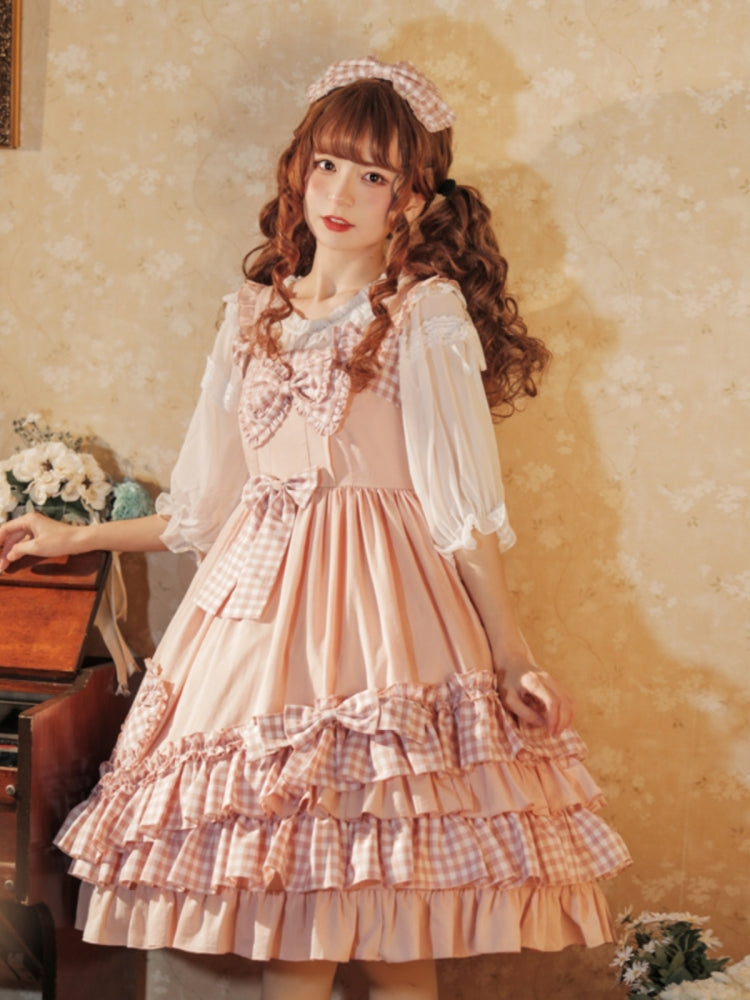 Pink Gingham Check Ribbon Frill Princess Dress EIY0030