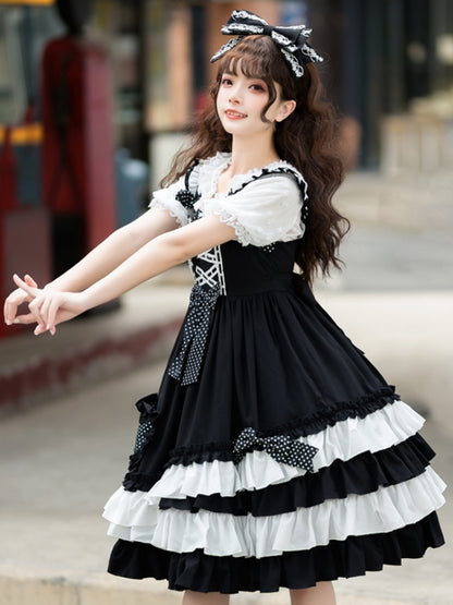 Black and White Polka Dot Ribbon Dress EIY0032