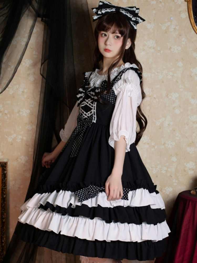 Black and White Polka Dot Ribbon Dress EIY0032