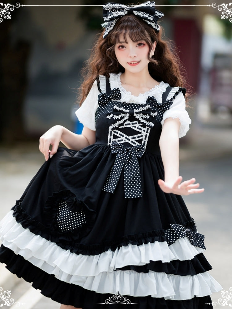 Black and White Polka Dot Ribbon Dress EIY0032