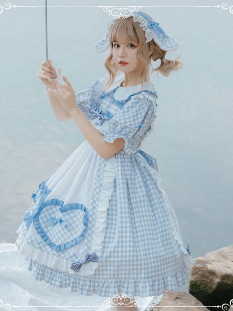 Light Blue Gingham Check Round Collar Puff Sleeve Dress EIY0038