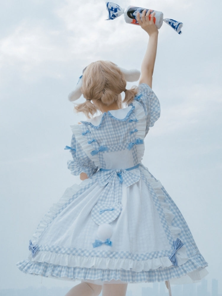 Light Blue Gingham Check Round Collar Puff Sleeve Dress EIY0038