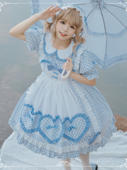 Light Blue Gingham Check Round Collar Puff Sleeve Dress EIY0038