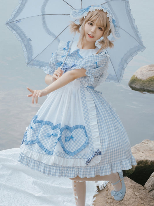 Light Blue Gingham Check Round Collar Puff Sleeve Dress EIY0038