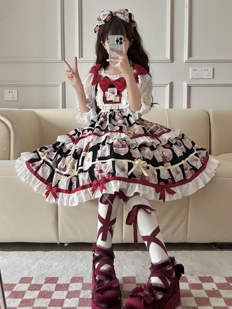 Retro All-Over Print Tiered Mini Ribbon Lolita Dress EIY0039