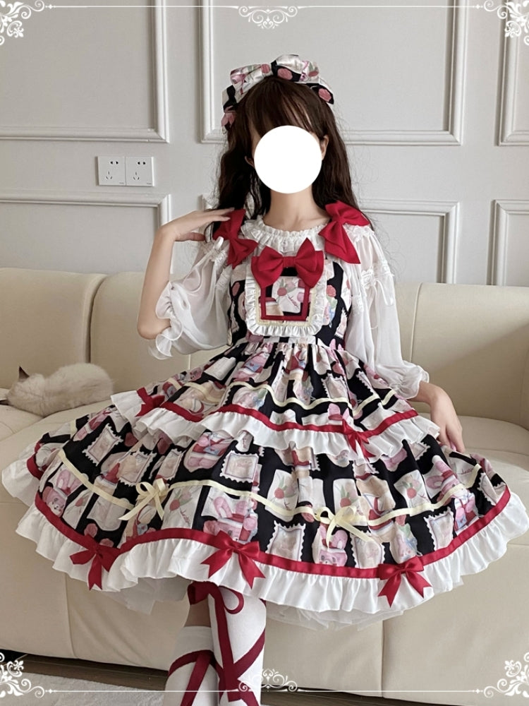 Retro All-Over Print Tiered Mini Ribbon Lolita Dress EIY0039