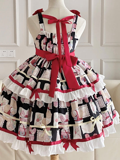 Retro All-Over Print Tiered Mini Ribbon Lolita Dress EIY0039